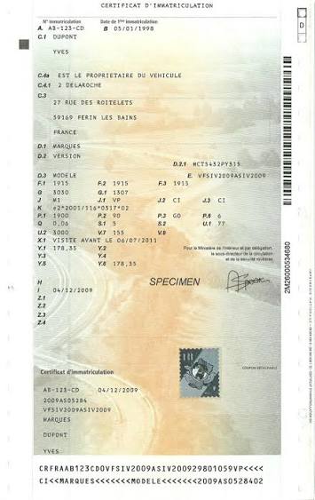 Exemple de certificat d'immatriculation (carte grise), spécimen