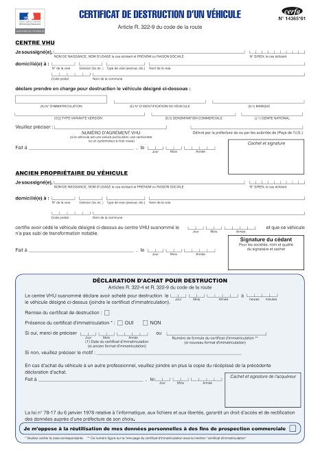 Exemple de formulaire Cerfa de certificat de cession d'un véhicule pour destruction